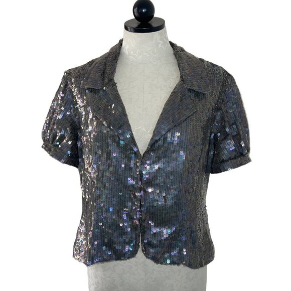 Embex Inc Vintage Womens Jacket Size Large Gray Sequin Embellished Puff Sleeve - Picture 1 of 8